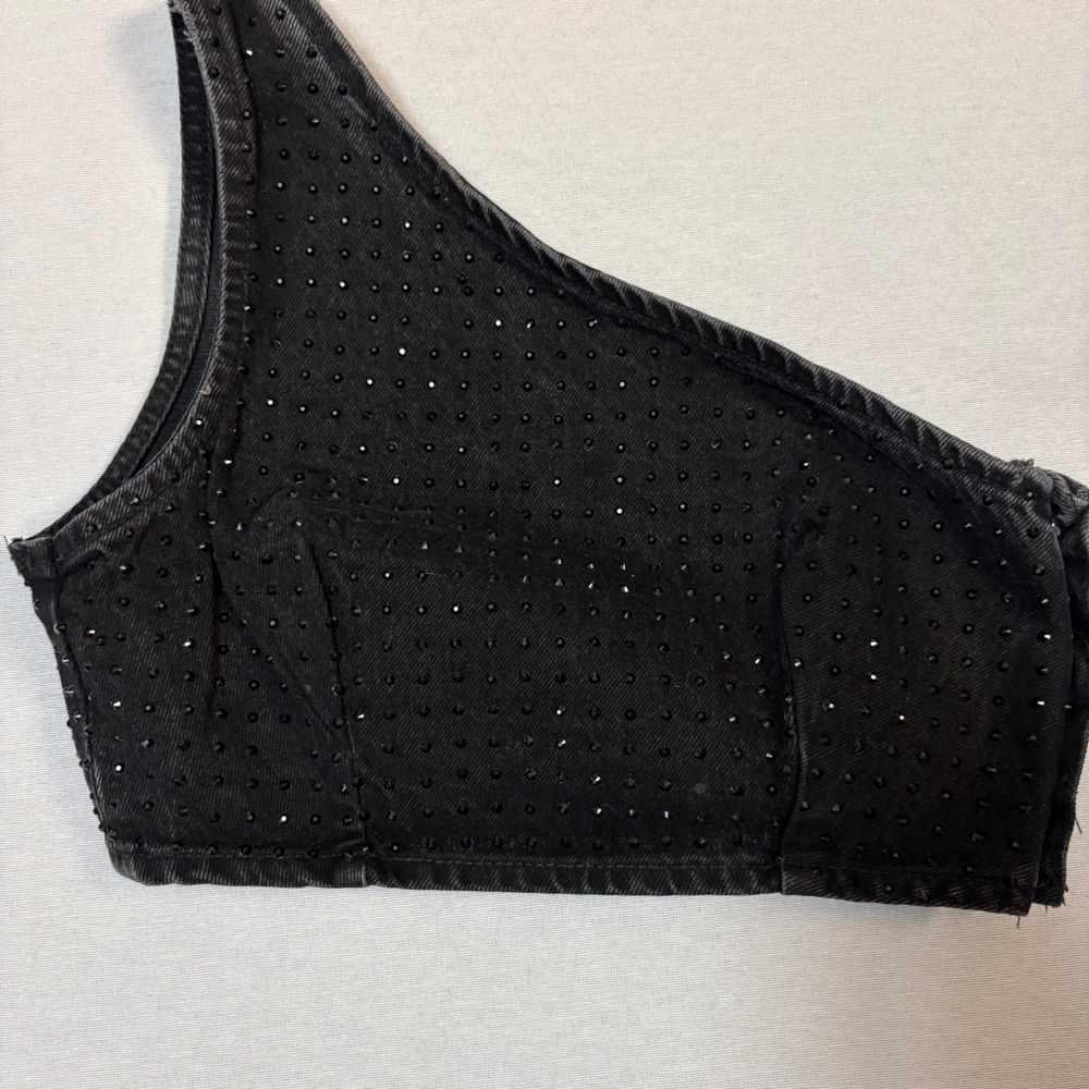 Zara, Rhinestone One Shoulder Denim Top, Black, XS, Good, MSRP $49.90